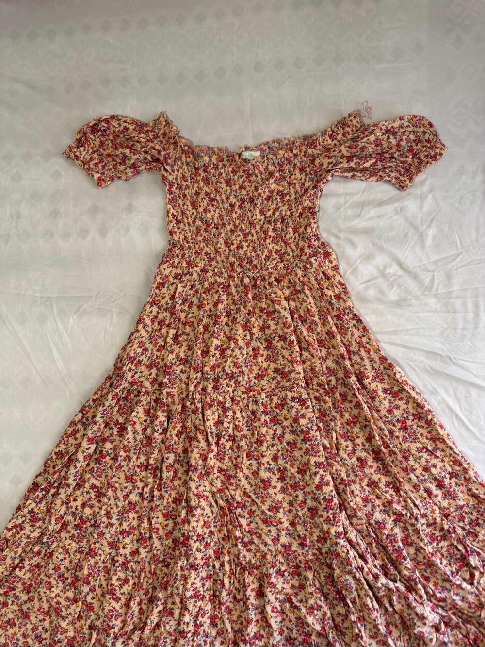 Smocked Floral Maxi Dress in Cream with Pink Bloom - Picture 3 of 11